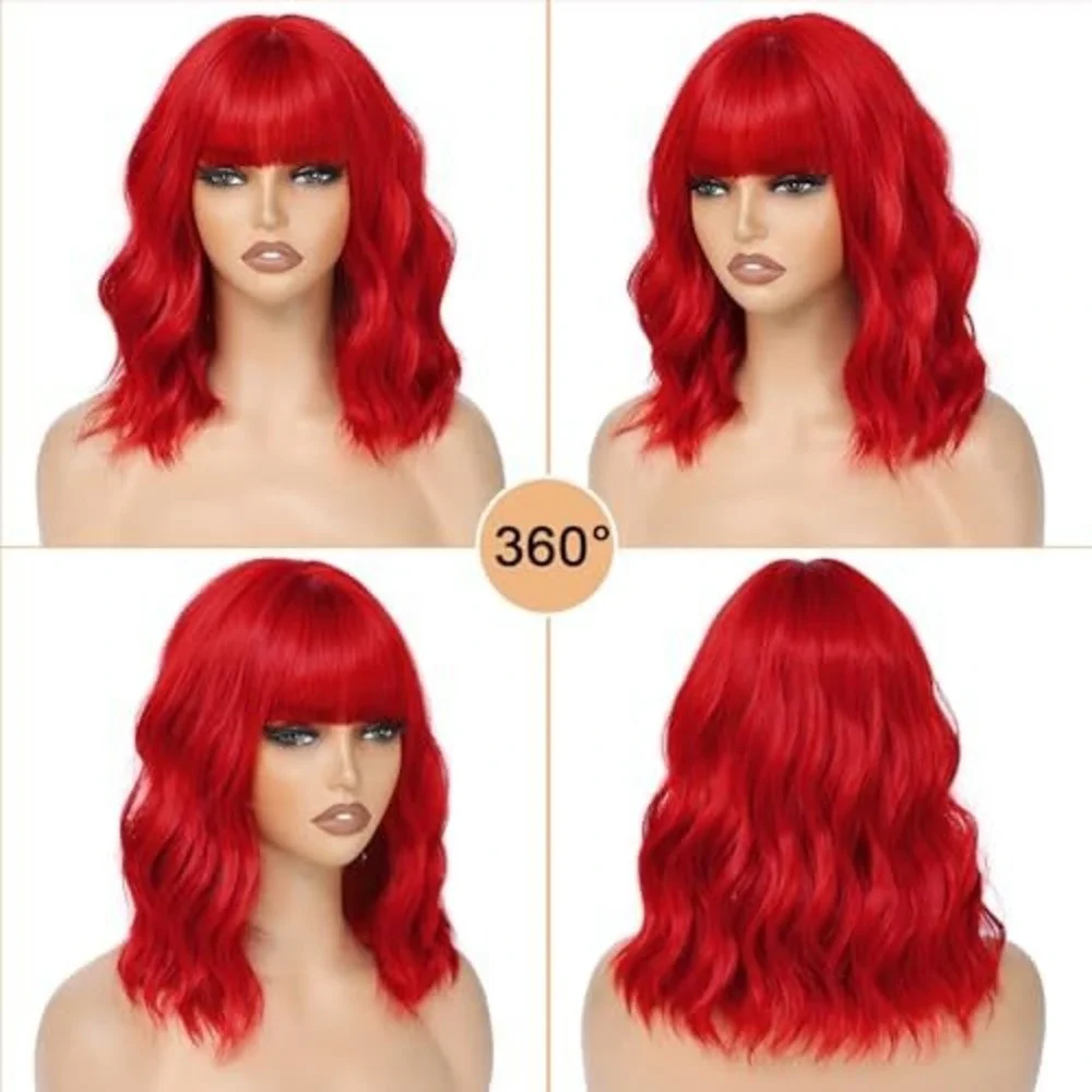 Vibrant Red Wavy Bob Wig‎ with Bangs Synthetic Shoulder Length Cosplay Hairpiece
